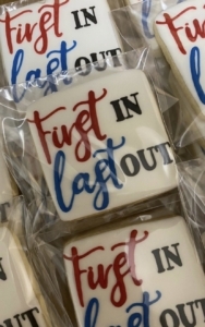 alt="Cookies with First in last out written on them"